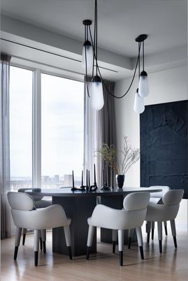 Dining room, Interior, Pendant Lights, Wood Texture Flooring
