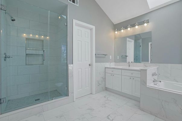 Bathroom, Dual Sink Vanities, Glass Shower, Interior, Marble