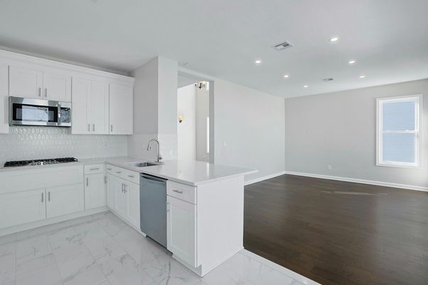 Interior, Kitchen, Marble, Recessed Lighting, Wood Texture Flooring