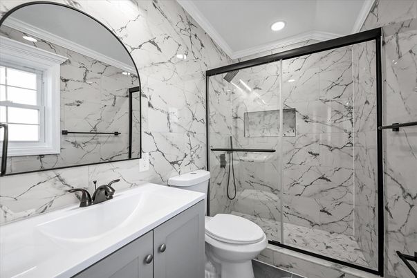 Bathroom, Glass Shower, Interior, Marble Walls, Recessed Lighting