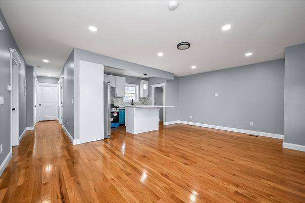 Empty room, Interior, Kitchen, Recessed Lighting, Wood Texture Flooring