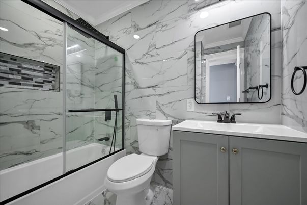Bathroom, Glass Shower, Interior, Marble, Marble Walls, Recessed Lighting