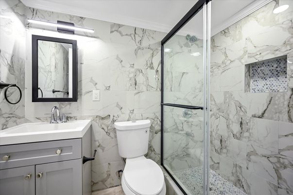 Bathroom, Glass Shower, Interior, Marble Walls