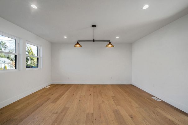Empty room, Interior, Pendant Lights, Recessed Lighting, Wood Texture Flooring