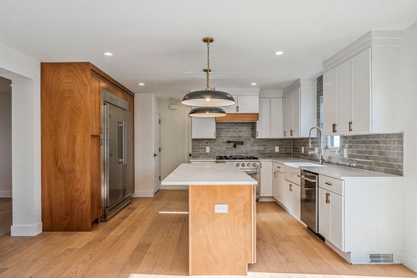 Interior, Kitchen, Pendant Lights, Recessed Lighting, Stainless Steel Appliances, Wood Texture Flooring
