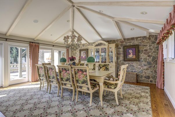 Dining room, Interior, Recessed Lighting, Stone Walls, Wood Texture Flooring
