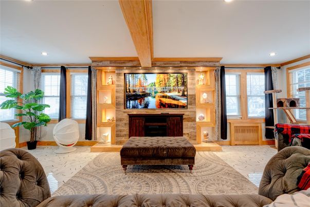 Fireplace, Interior, Recessed Lighting, Stone Walls, Wooden Beams