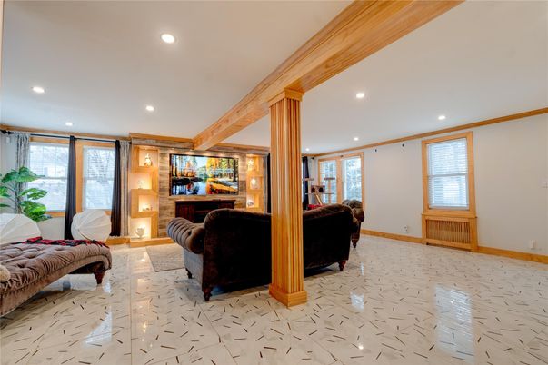 Interior, Living room, Marble, Recessed Lighting, Wooden Beams