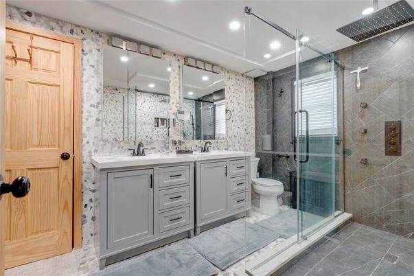 Bathroom, Dual Sink Vanities, Glass Shower, Interior, Recessed Lighting