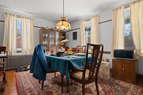 Dining room, Interior, Pendant Lights, Wood Texture Flooring
