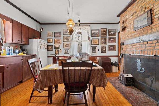 Dining room, Interior, Pendant Lights, Stone Walls, Wood Texture Flooring