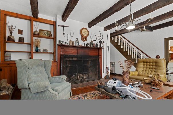 Fireplace, Interior, Pendant Lights, Wooden Beams, Wood Texture Flooring