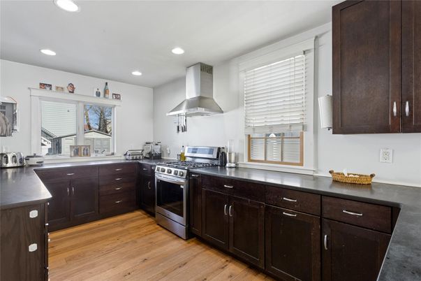 Interior, Kitchen, Recessed Lighting, Stainless Steel Appliances, Wood Texture Flooring