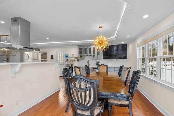 Dining room, Interior, Pendant Lights, Recessed Lighting, Wood Texture Flooring