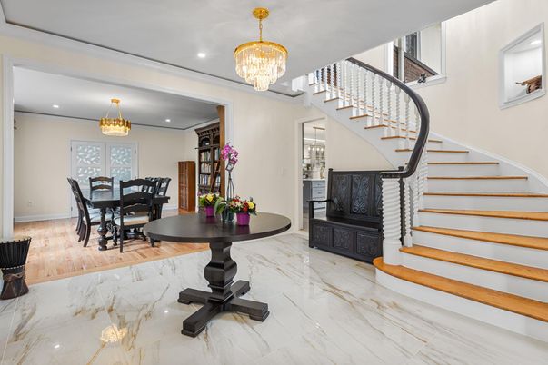 Chandelier, Dining room, Interior, Marble, Recessed Lighting