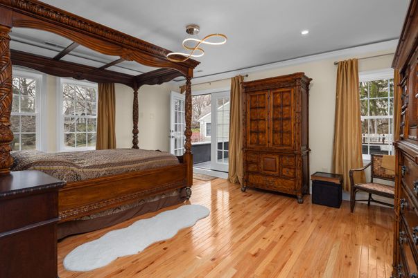 Bedroom, Interior, Pendant Lights, Recessed Lighting, Wood Texture Flooring