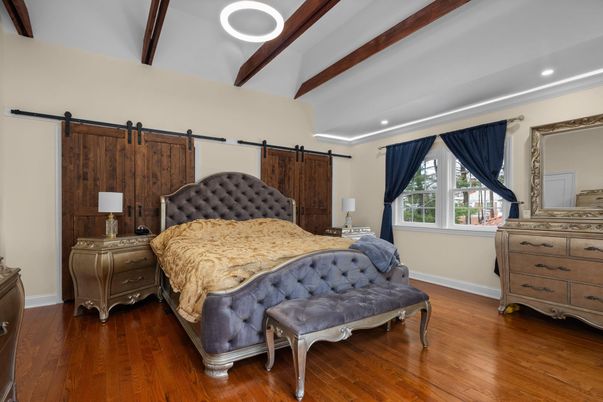 Bedroom, Interior, Recessed Lighting, Wooden Beams, Wood Texture Flooring