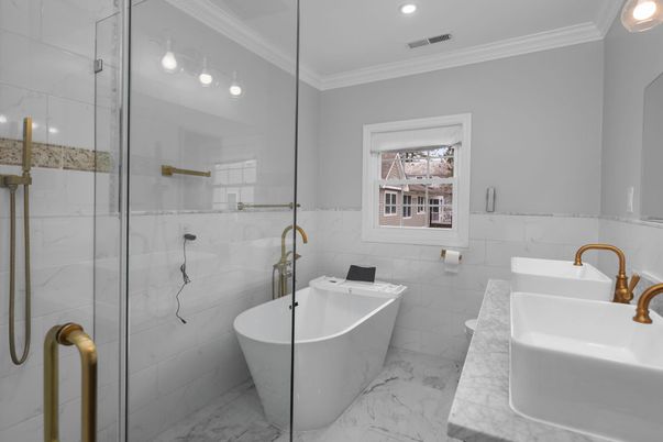Bathroom, Free Standing Baths, Glass Shower, Interior, Marble, Marble Walls, Recessed Lighting