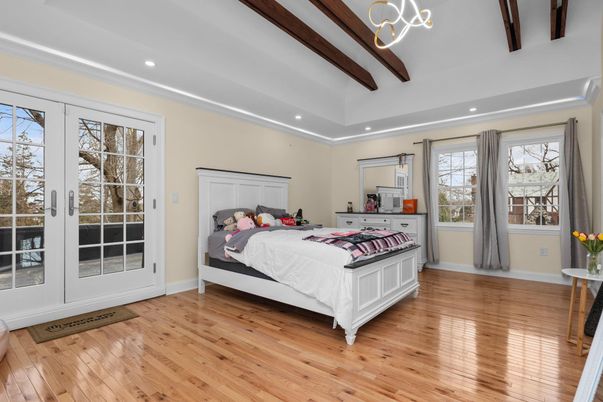 Bedroom, Interior, Recessed Lighting, Wooden Beams, Wood Texture Flooring