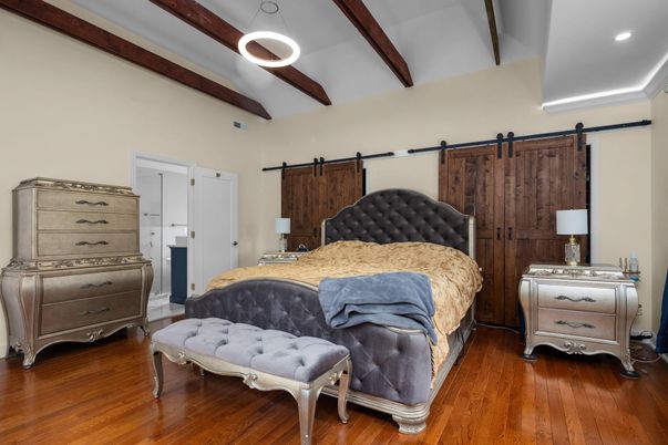 Bedroom, Interior, Recessed Lighting, Wooden Beams, Wood Texture Flooring