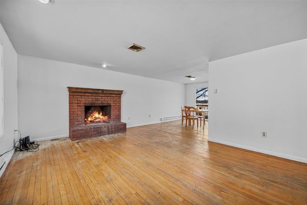 Dining room, Fireplace, Interior, Wood Texture Flooring
