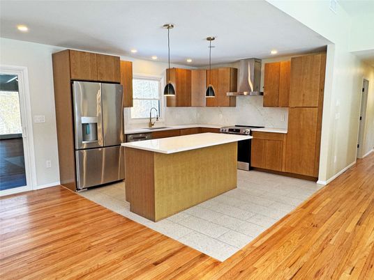 Interior, Kitchen, Pendant Lights, Recessed Lighting, Stainless Steel Appliances, Wood Texture Flooring