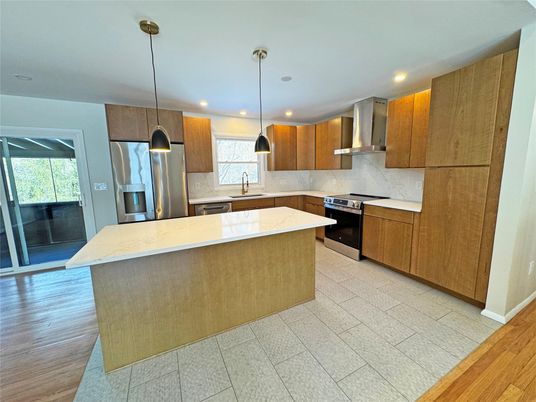 Interior, Kitchen, Pendant Lights, Recessed Lighting, Stainless Steel Appliances, Wood Texture Flooring