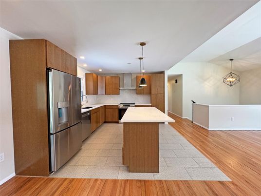 Interior, Kitchen, Pendant Lights, Recessed Lighting, Stainless Steel Appliances, Wood Texture Flooring