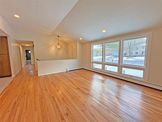 Empty room, Interior, Pendant Lights, Recessed Lighting, Wood Texture Flooring