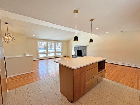 Fireplace, Interior, Kitchen, Pendant Lights, Recessed Lighting, Wood Texture Flooring