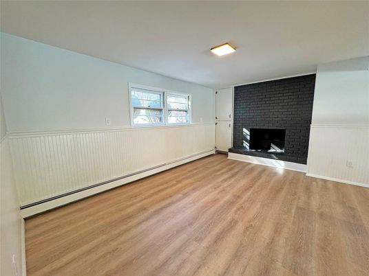 Empty room, Fireplace, Interior, Stone Walls, Wood Texture Flooring