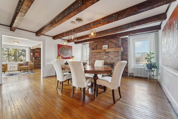 Dining room, Fireplace, Interior, Pendant Lights, Stone Walls, Wooden Beams, Wood Texture Flooring