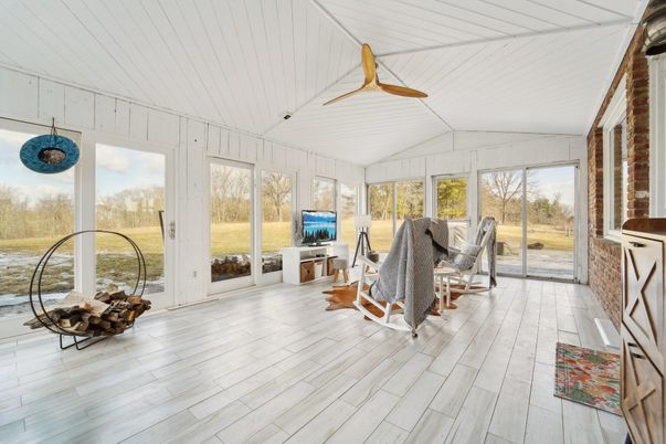 Interior, Stone Walls, Sun Room, Wood Texture Flooring