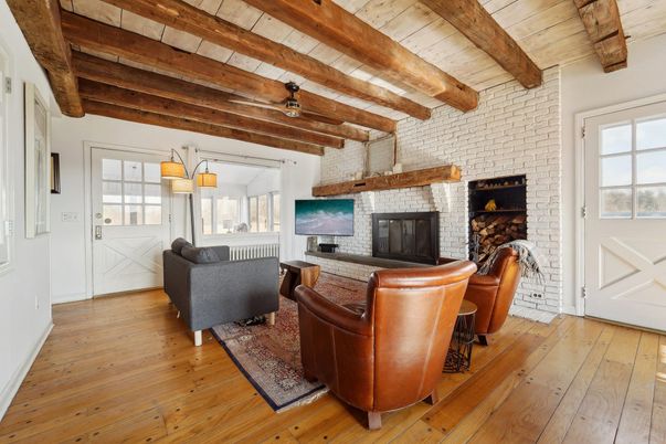 Fireplace, Interior, Living room, Stone Walls, Wooden Beams, Wood Texture Flooring
