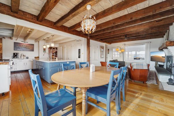 Chandelier, Dining room, Fireplace, Interior, Kitchen, Pendant Lights, Wooden Beams, Wooden Ceilings, Wood Texture Flooring