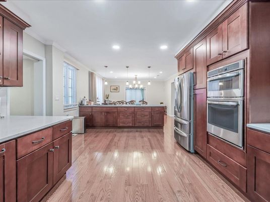 Interior, Kitchen, Pendant Lights, Recessed Lighting, Stainless Steel Appliances, Wood Texture Flooring