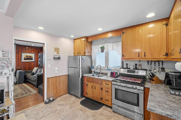 Interior, Kitchen, Living room, Recessed Lighting, Stainless Steel Appliances, Wood Texture Flooring