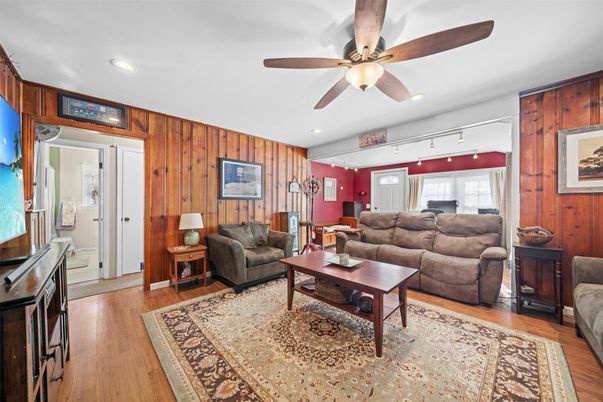 Interior, Living room, Recessed Lighting, Wood Texture Flooring, Wooden Walls