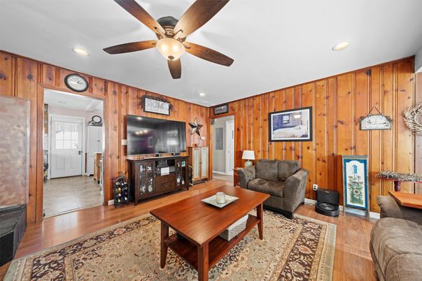 Interior, Living room, Recessed Lighting, Wood Texture Flooring, Wooden Walls