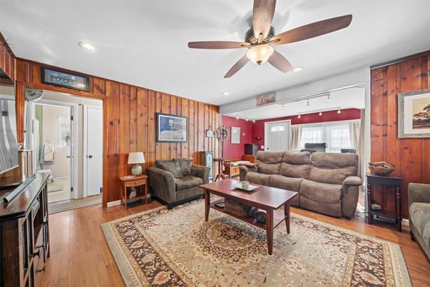 Interior, Living room, Recessed Lighting, Wood Texture Flooring, Wooden Walls
