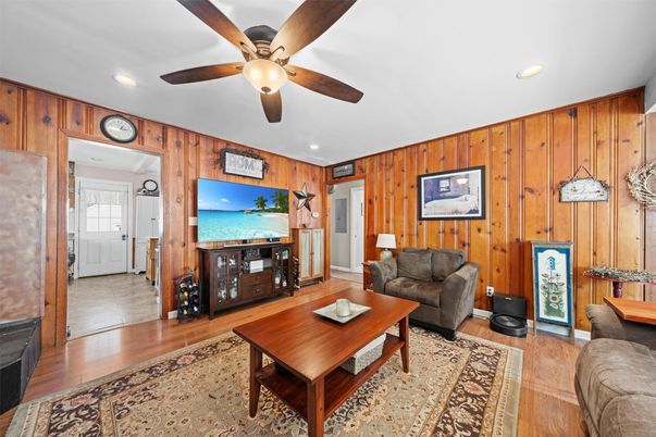 Interior, Living room, Recessed Lighting, Wood Texture Flooring, Wooden Walls