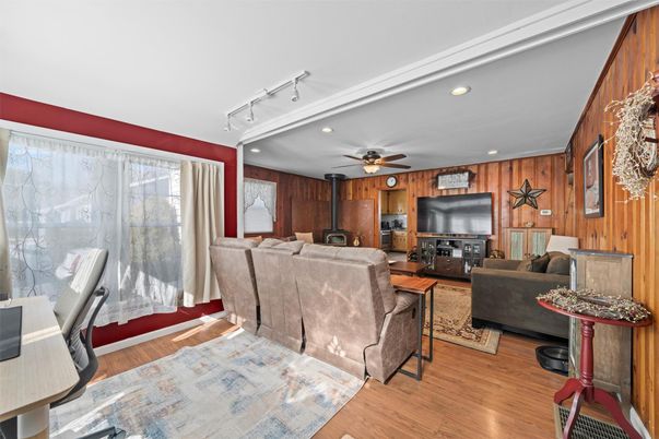 Interior, Living room, Recessed Lighting, Wood Texture Flooring, Wooden Walls