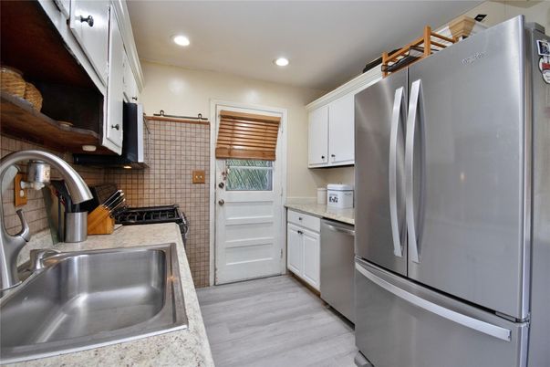 Interior, Kitchen, Recessed Lighting, Stainless Steel Appliances, Wood Texture Flooring