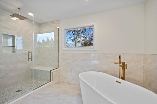 Bathroom, Free Standing Baths, Glass Shower, Interior, Marble Walls, Recessed Lighting