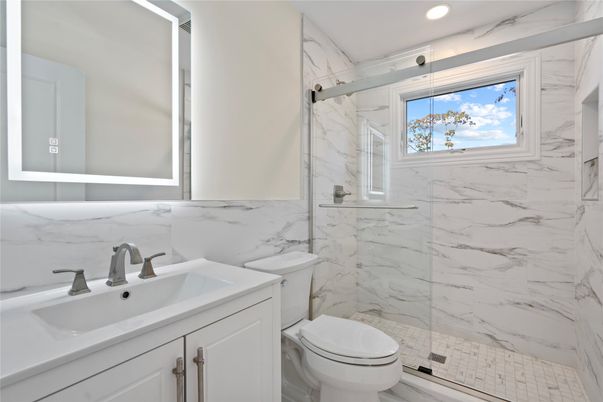 Bathroom, Glass Shower, Interior, Marble Walls, Recessed Lighting
