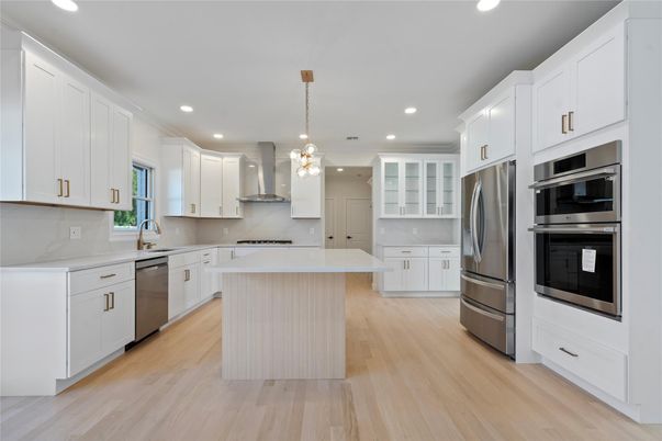 Interior, Kitchen, Pendant Lights, Recessed Lighting, Stainless Steel Appliances, Wood Texture Flooring