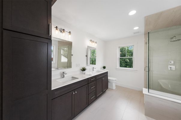 Bathroom, Dual Sink Vanities, Glass Shower, Interior, Recessed Lighting