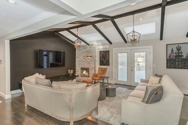 Fireplace, Interior, Living room, Pendant Lights, Recessed Lighting, Wood Texture Flooring