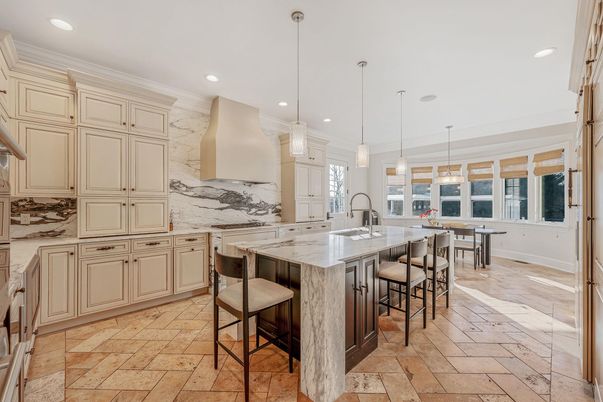 Dining room, Interior, Kitchen, Marble Walls, Pendant Lights, Recessed Lighting