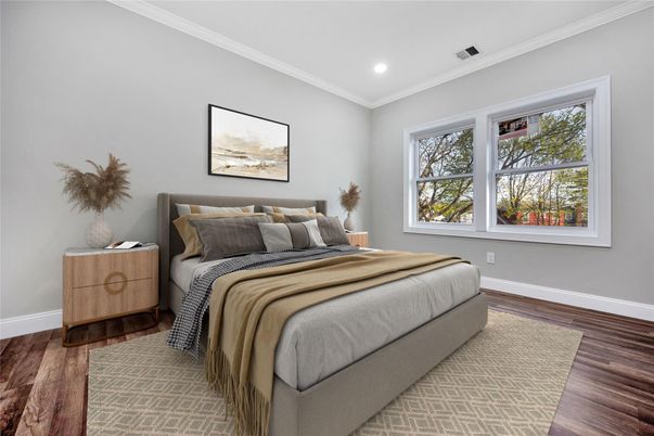 Bedroom, Interior, Recessed Lighting, Wood Texture Flooring